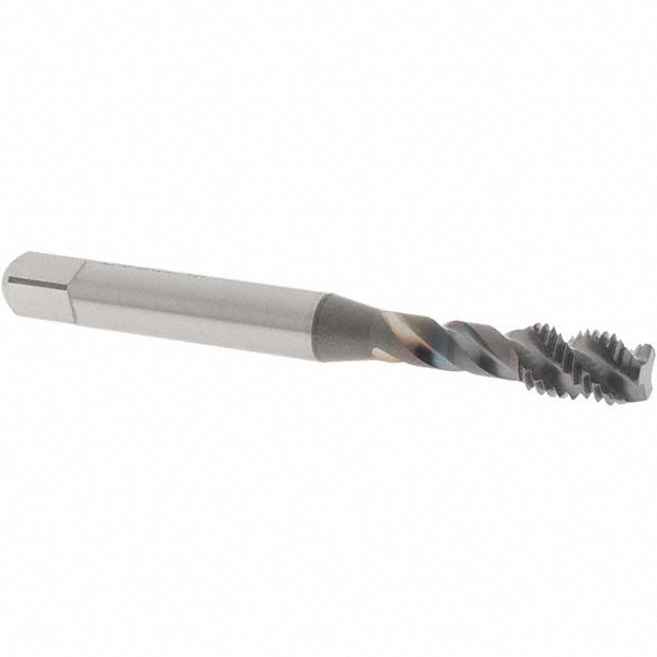 Spiral Flute Tap: 1/4-28 UNF, 3 Flutes, Modified Bottoming, Vanadium High Speed Steel, TICN Coated