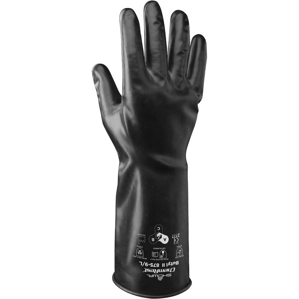Chemical Resistant Gloves: SHOWA® 875, Size Large, 14.0000 mil, Butyl-Coated, Butyl, Unsupported, General Purpose Chemical-Resistant - Black, 14" OAL, Smooth Grip, Pair, }