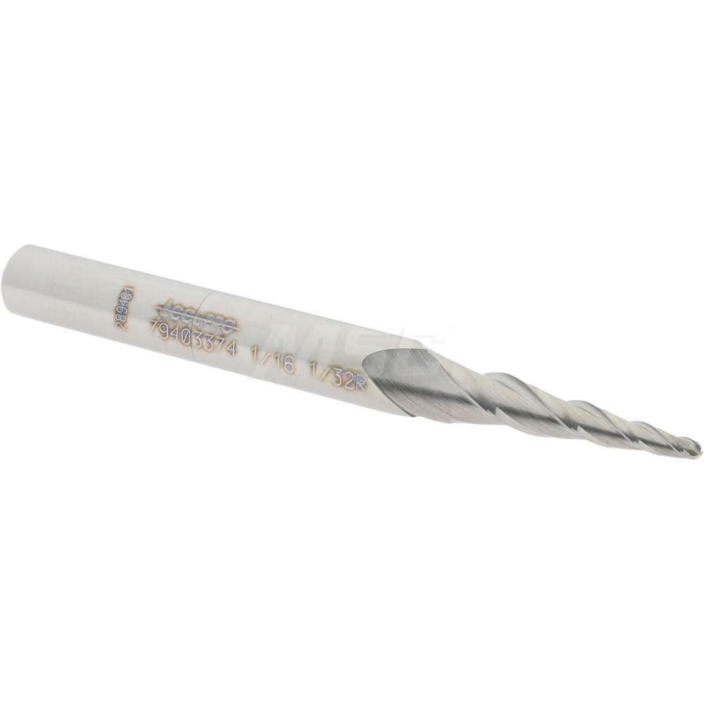 Accupro 12177636 Tapered End Mill: 5 ° per Side, 1/16" Small Dia, 3/4" LOC, 3 Flutes, Solid Carbide, Ball End 