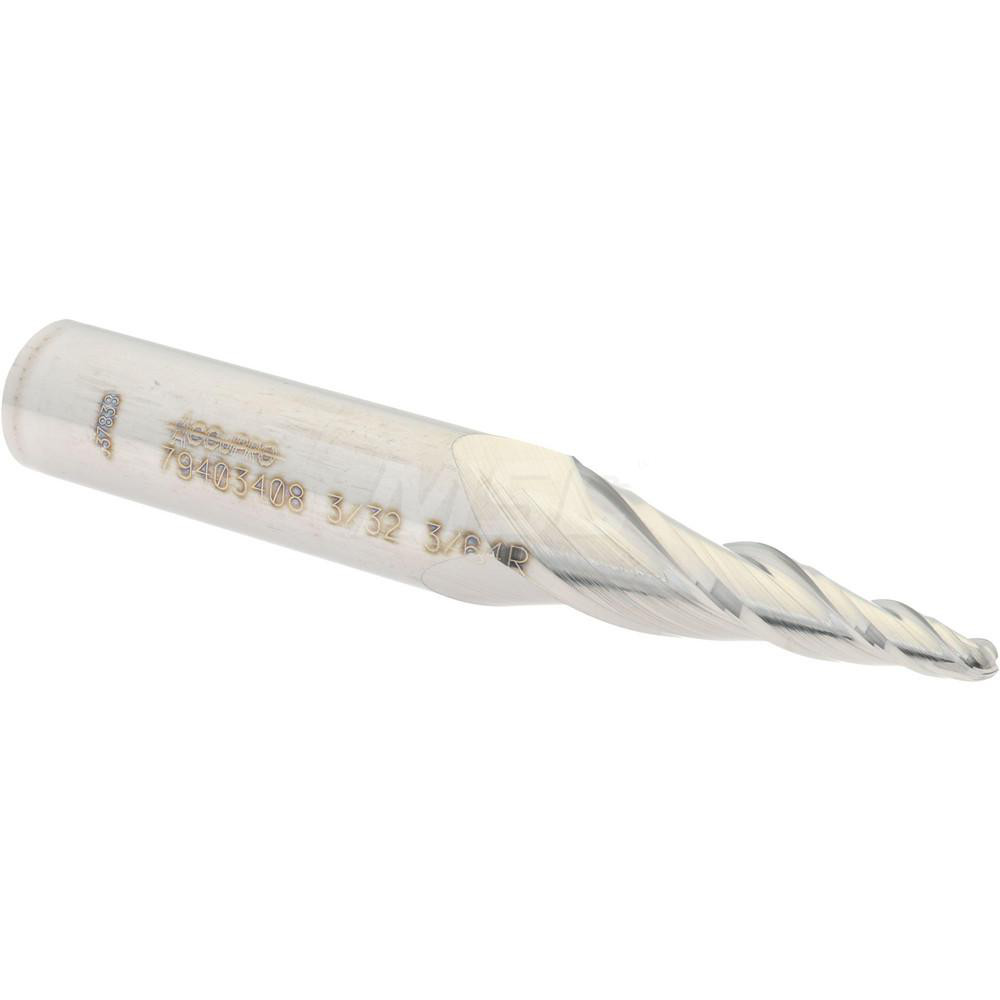 12177654 Tapered End Mill: 7 ° per Side, 3/32" Small Dia, 1" LOC, 3 Flutes, Solid Carbide, Ball End  