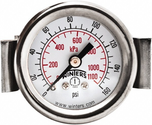 Pressure Gauge: 1-1/2" Dial, 1/8" Thread, NPT, U-Clamp Panel & Center Back Mount