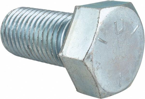 Made in USA Hex Head Cap Screw: 1-1/4-7, 2-1/2" Length Under Head, Grade 5 Steel, Zinc Finish - Fully Threaded, 1-7/8" Hex, 101700 lb Tensile