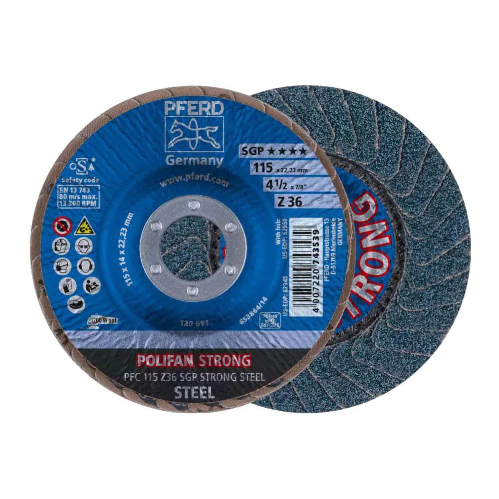 PFERD 62945 Flap Disc: 7/8" Hole, 36 Grit, Zirconia Alumina, Type 29 