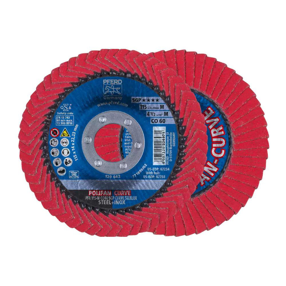 Flap Disc:  4-1/2" Dia, 7/8" Hole, Ceramic Alumina, Type 27 - Coated, Coarse Grade, Fiber-Backed, 13300 Max RPM