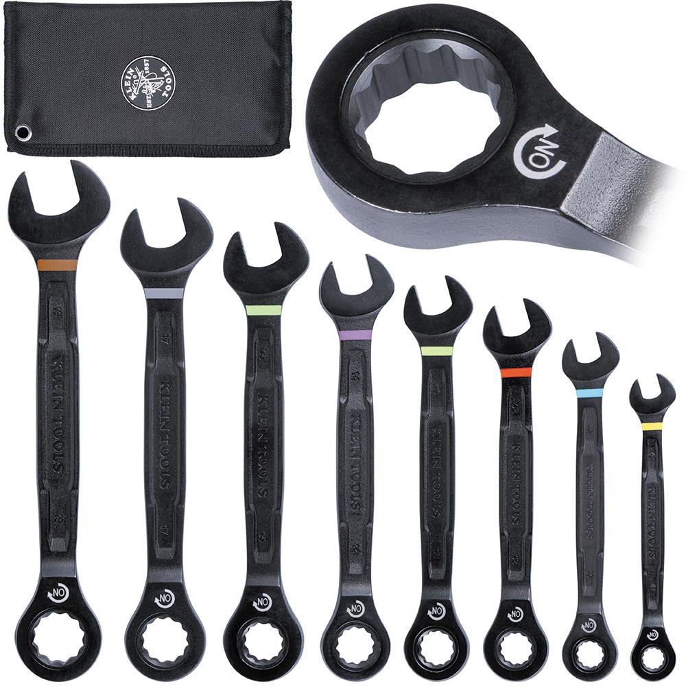 Klein Tools Reversible Ratcheting Wrench Set & Combination Wrench Set: 8 Pc, 8 - 19 mm Wrench, Metric - 12 to 17.9 in Long, 15 deg Head Offset Angle