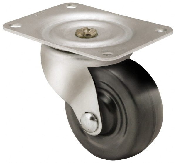 Swivel Top Plate Caster: Soft Rubber, 2" Wheel Dia, 13/16" Wheel Width, 90 lb Capacity, 2-1/2" OAH