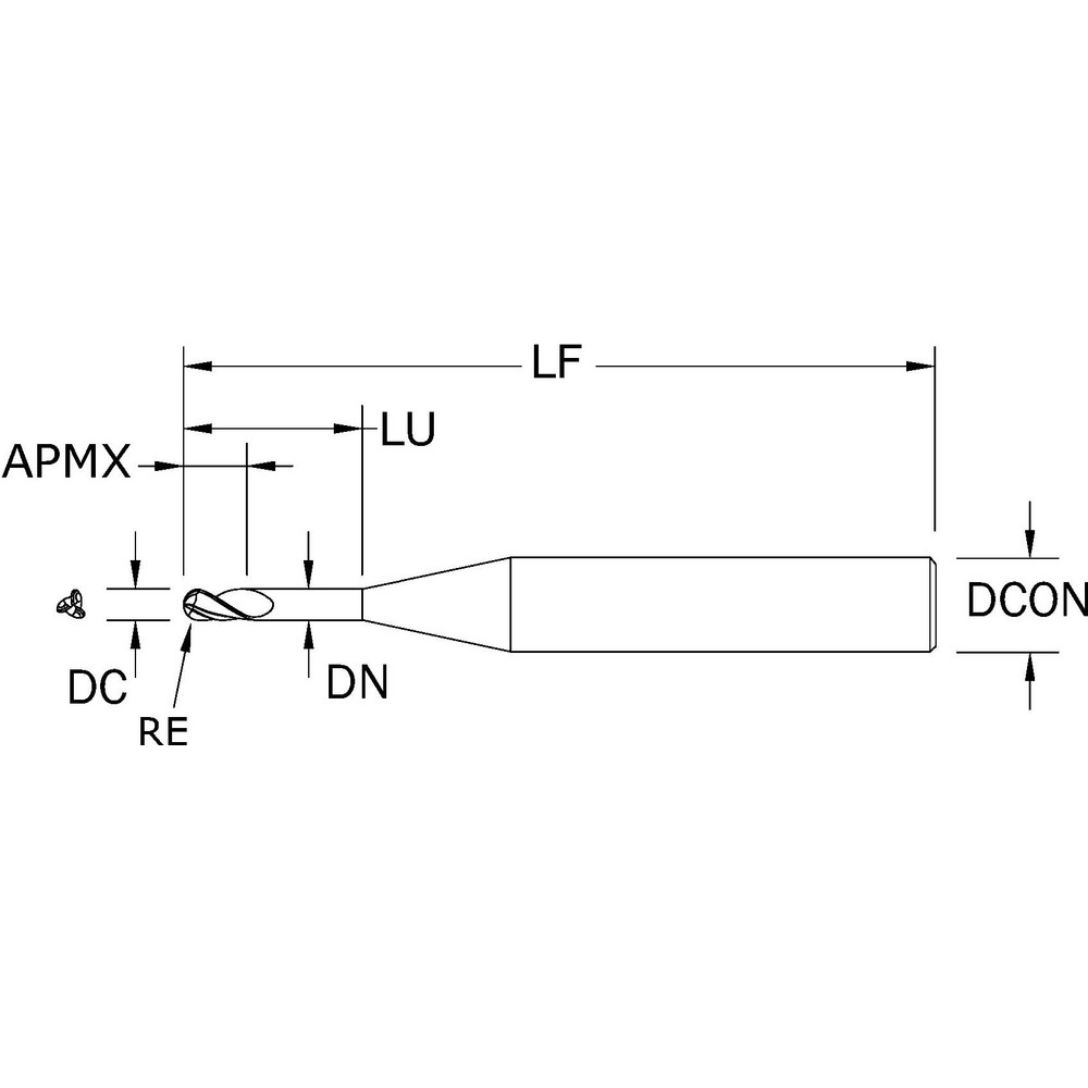 SGS Ball End Mill 0.0500" Dia, 0.1500" LOC, 3 Flute, Solid Carbide