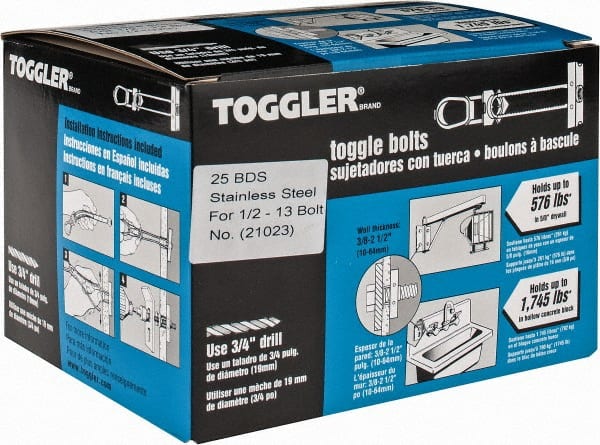 Toggler 21023 3/4" Diam x 6" OAL, 1/2" Screw, Stainless Steel Toggle Bolt Drywall & Hollow Wall Anchor 