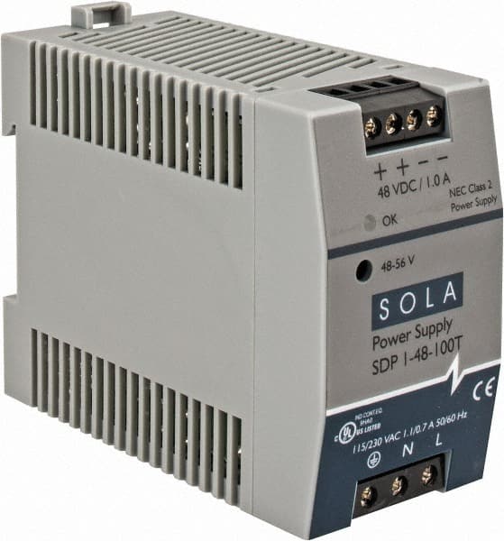 Sola/Hevi-Duty SDP1-48-100T 100 Watt, 1 Amp, 264 VAC, 375 VDC Input, 48 to 56 VDC Output, DIN Rail Power Supply 