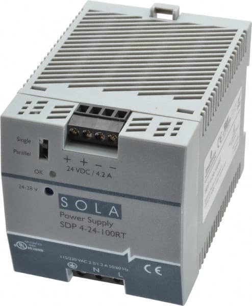 Sola/Hevi-Duty SDP4-24-100RT 100 Watt, 4.20 Amp, 132 VAC, 264 VAC, 375 VDC Input, 24 to 28 VDC Output, DIN Rail Power Supply 