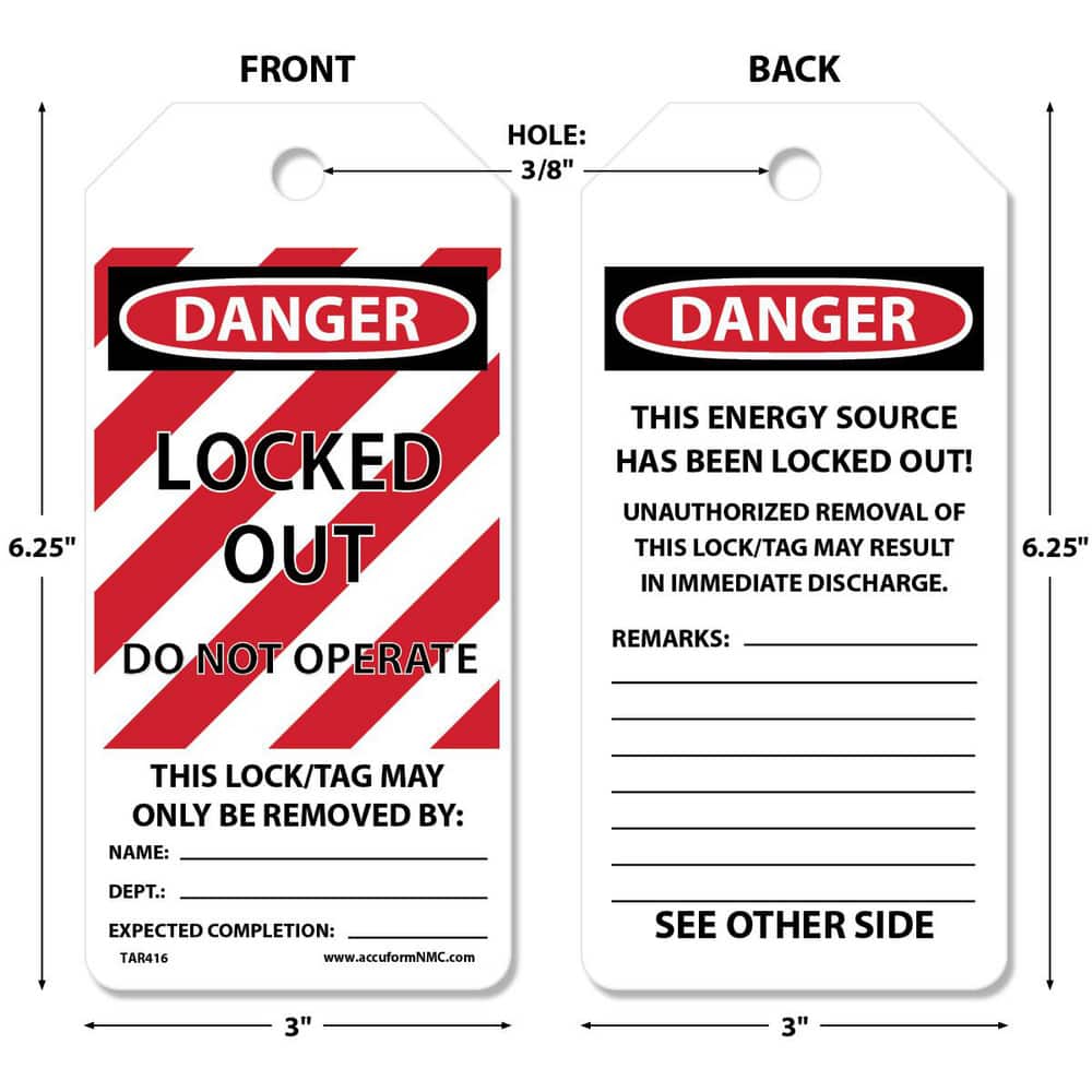 Safety & Facility Tags; Message Type: Lockout ; Header: DANGER ; Legend: Locked Out Do Not Operate ; Material: Synthetic Paper ; Legend Color: Black ; Language: English