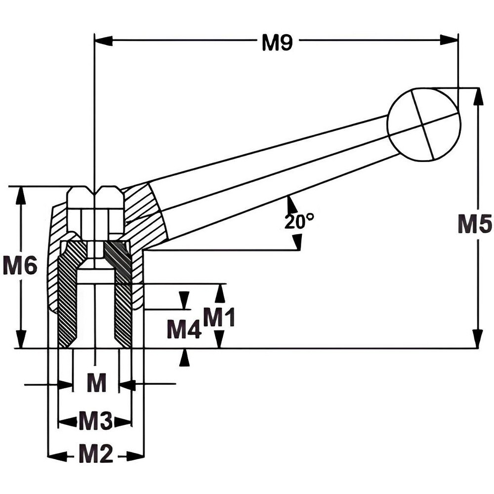 Adjustable Clamping Handle: 5/16-18 Thread, 0.62" Hub Dia