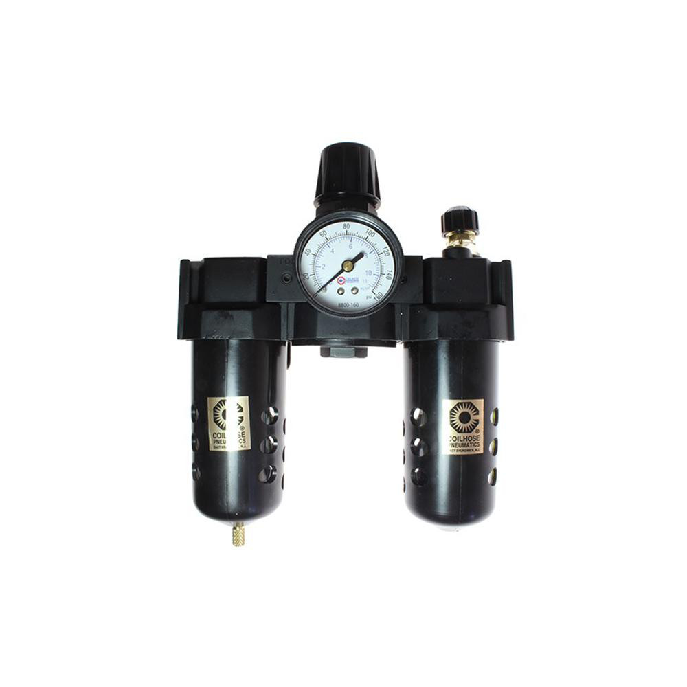 FRL Combination Unit: 1/2 NPT, Standard, 3 Pc Filter-Regulator-Lubricator with Pressure Gauge - 127 SCFM, 150 Max psi, Polycarbonate Bowl, Manual Drain