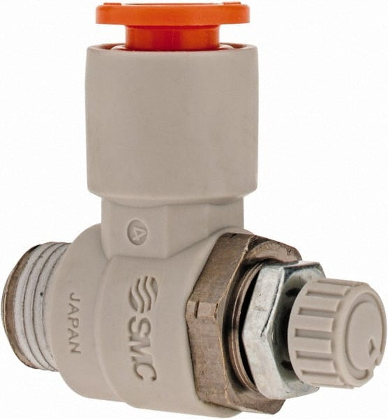 SMC AS2201F-N02-09S Air Flow Control Valve with Push-to-Connect Fitting 1/4 NPT Male x 5/16 Tube OD With Sealant PBT & Nickel Plated Brass Elbow 