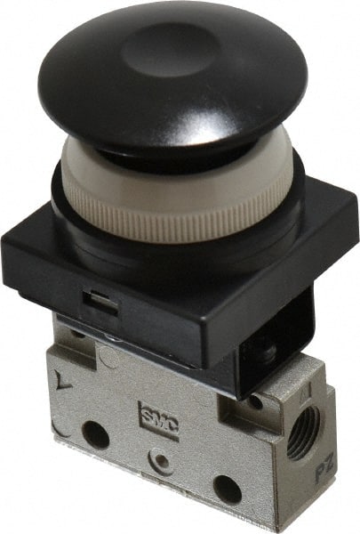 Mechanically Operated Valve: 3-Way & 2-Position, Push Button (Mushroom) Actuator, 1/8" Inlet, 2 Position