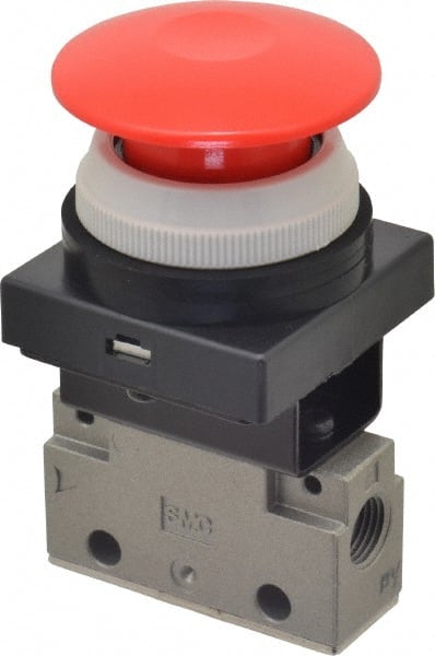 Mechanically Operated Valve: 3-Way & 2-Position, Push Button (Mushroom) Actuator, 1/8" Inlet, 2 Position