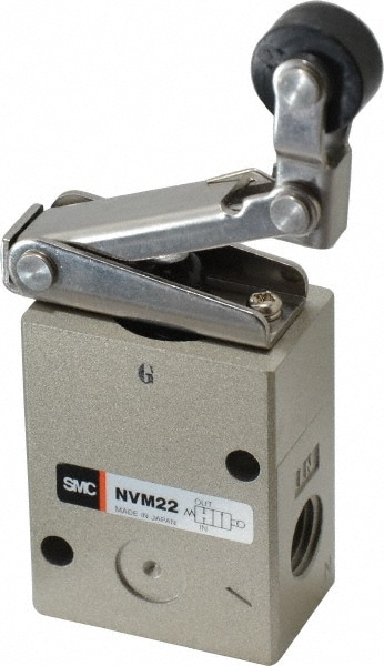 SMC PNEUMATICS VM220-N02-02A Mechanically Operated Valve: 2-Way & 2-Position, Roller Lever-One Way Actuator, 1/4" Inlet, 1/4" Outlet, 2 Position Image