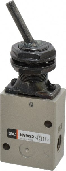 Mechanically Operated Valve: 2-Way & 2-Position, Toggle Lever Actuator, 1/4" Inlet, 1/4" Outlet, 2 Position