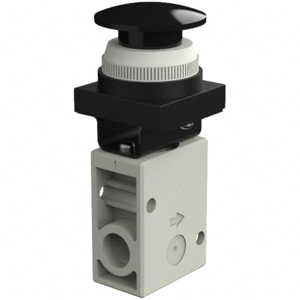 Mechanically Operated Valve: 2-Way & 2-Position, Push Button (Mushroom) Actuator, 1/4" Inlet, 1/4" Outlet, 2 Position