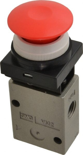 Mechanically Operated Valve: 2-Way & 2-Position, Push Button (Mushroom) Actuator, 1/4" Inlet, 1/4" Outlet, 2 Position