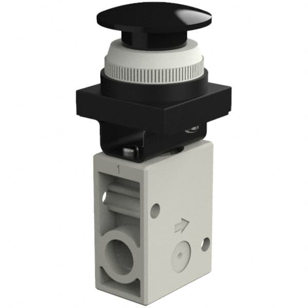 Mechanically Operated Valve: 3-Way & 2-Position, Push Button (Mushroom) Actuator, 1/4" Inlet, 1/4" Outlet, 3 Position