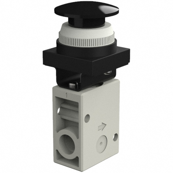 SMC PNEUMATICS VM230-N02-30BA Mechanically Operated Valve: 3-Way & 2-Position, Push Button (Mushroom) Actuator, 1/4" Inlet, 1/4" Outlet, 3 Position Image