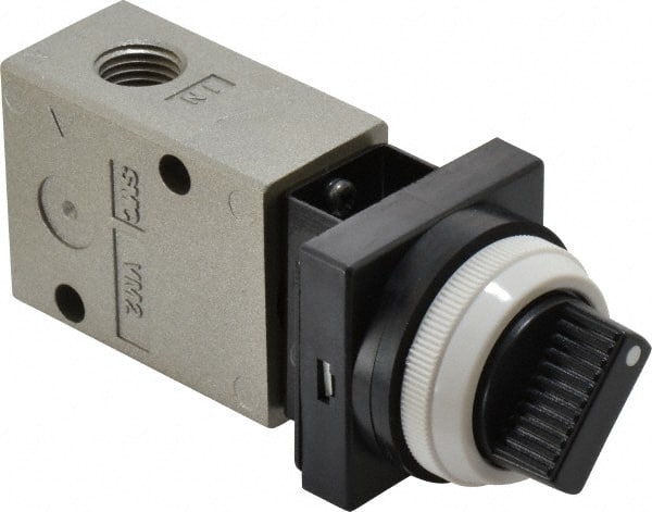Mechanically Operated Valve: 3-Way & 2-Position, Twist Selector Actuator, 1/4" Inlet, 1/4" Outlet, 3 Position