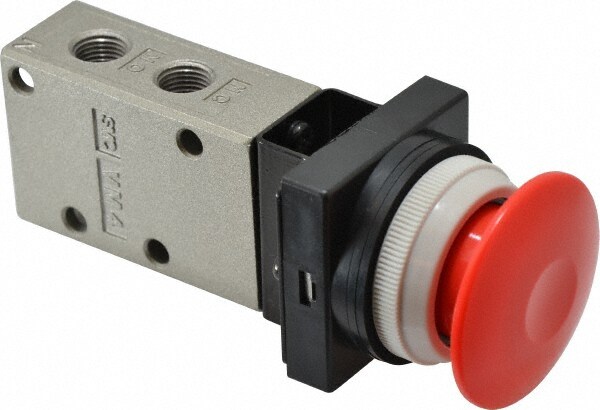 Mechanically Operated Valve: Push Button-Mushroom, Push Button (Mushroom) Actuator, 1/8" Inlet, 3 Position