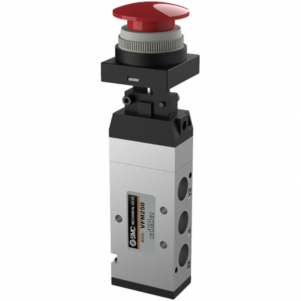 SMC PNEUMATICS NVFM250-N02-30R Mechanically Operated Valve: Push Button-Mushroom, Push Button (Mushroom) Actuator, 1/4" Inlet, 1/4" Outlet, 4 Position Image