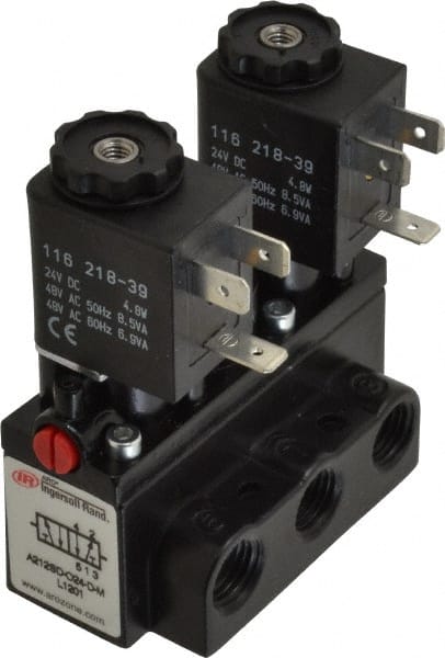 1/4" Inlet x 1/4" Outlet, Solenoid Actuator, Solenoid Return, 2 Position, Body Ported Solenoid Air Valve