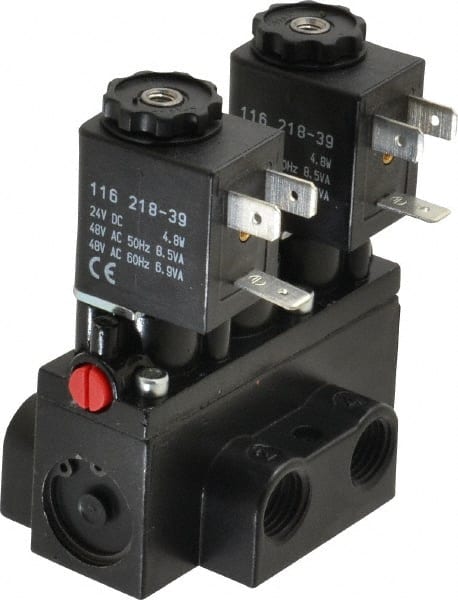1/4" Inlet x 1/4" Outlet, Solenoid Actuator, Solenoid Return, 3 Position, Body Ported Solenoid Air Valve