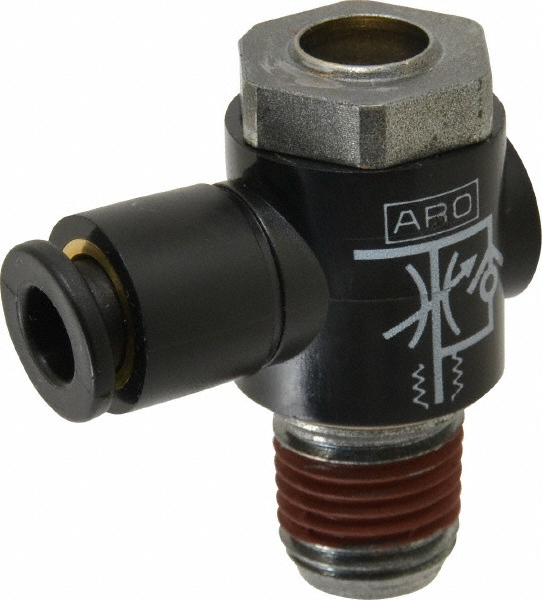 Air Flow Control Valve: Right Angle, NPTM x Tube, 1/4" Tube OD, 150 Max psi - Brass, 1/4 Male