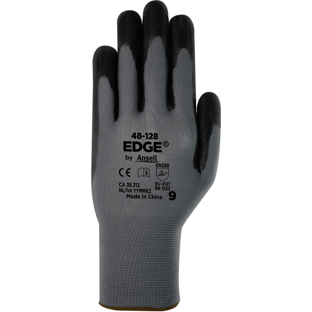 General Purpose Gloves: Edge® 48-128, Size X-Small, Nitrile-Coated Polyester - Gray & Black, Palm & Fingertips Coated, Polyester Lined, Sandy Grip, Hand Specific
