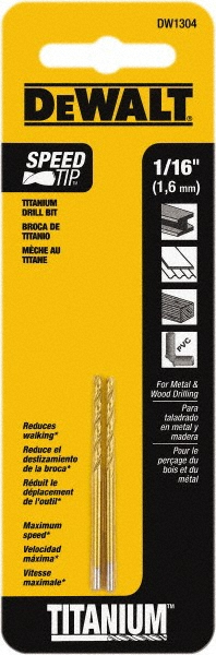 DeWALT Mechanics Drill Bit: 0.0625" Dia, 135&deg, High-Speed Steel, Straight-Cylindrical Shank, Split Point - Titanium Nitride Finish, RH Cut