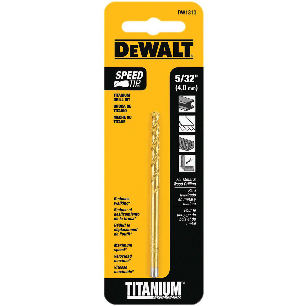 DeWALT Mechanics Drill Bit: 0.1562" Dia, 135&deg, High-Speed Steel, Straight-Cylindrical Shank, Split Point - Titanium Nitride Finish, RH Cut