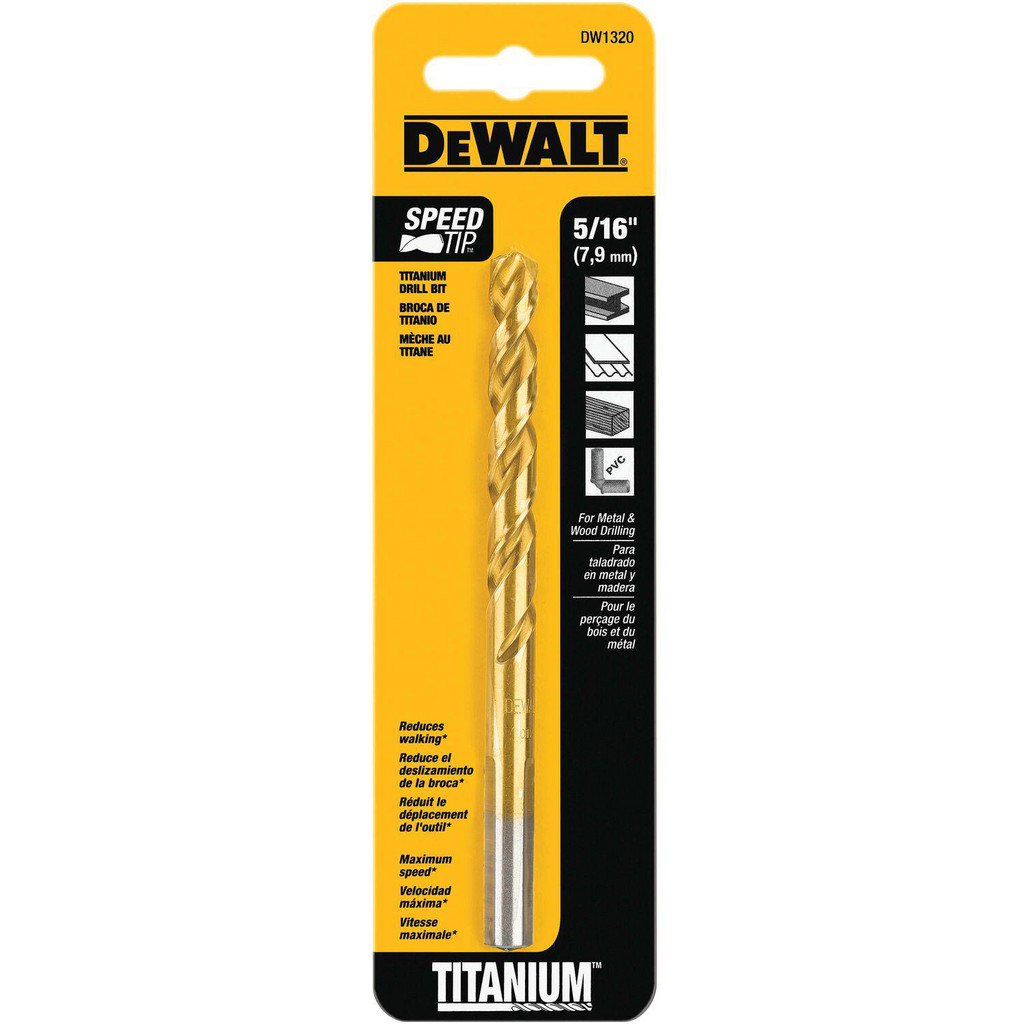 DeWALT Mechanics Drill Bit: 5/16" Dia, 135 , High Speed Steel, Straight-Cylindrical Shank, Split Point - TiN Finish, 4" OAL, RH Cut | Part #DW1320
