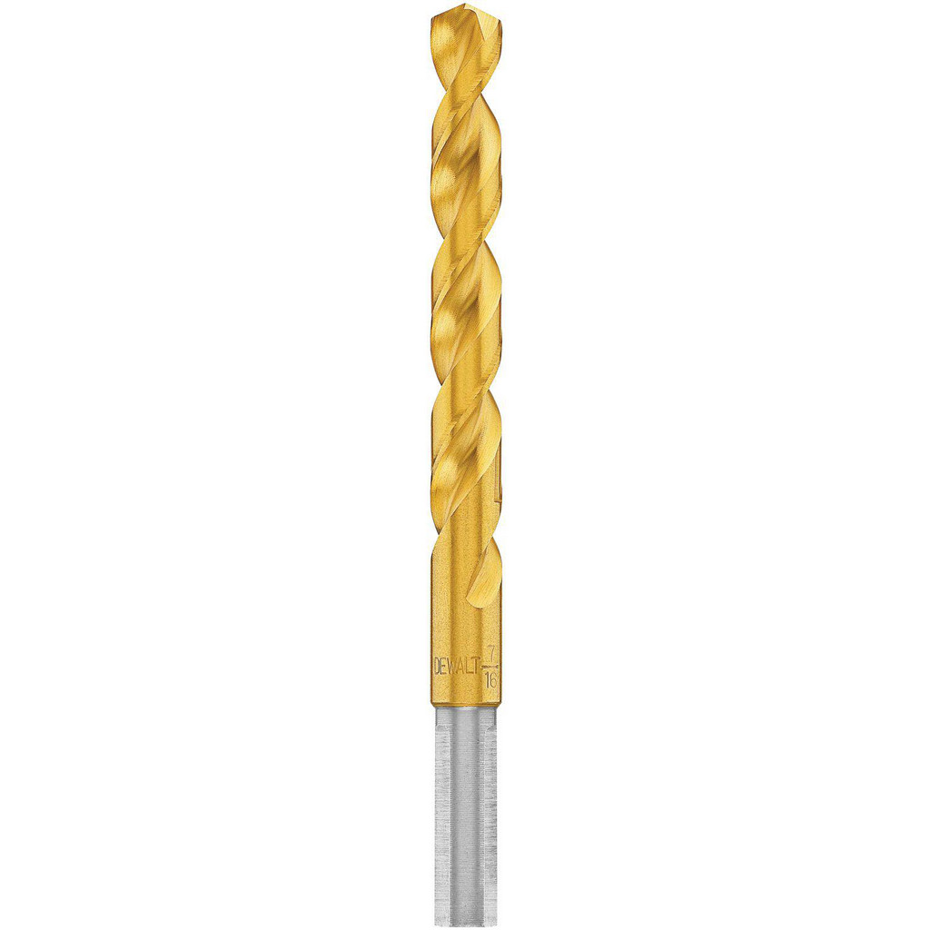 DeWALT Reduced Shank Drill Bit: 0.4375'' Dia, 3/8'' Shank Dia, 135 deg, High-Speed Steel - Titanium Nitride Finish, Straight-Cylindrical Shank