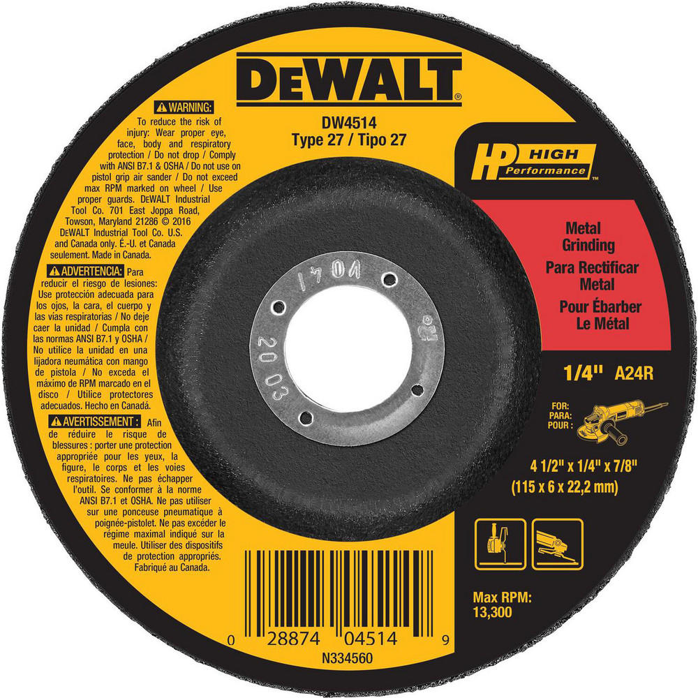 Depressed-Center Wheel: Type 27, 4-1/2" Dia, 1/4" Thick, 7/8" Hole, Aluminum Oxide - 24 Grit, Resinoid Bond, 13300 Max RPM, Use with Angle Grinder