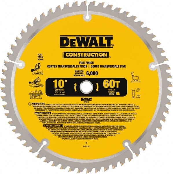 Dewalt DW3106 Wet & Dry Cut Saw Blade: 10" Dia, 5/8" Arbor Hole, 0.095" Kerf Width, 60 Teeth 