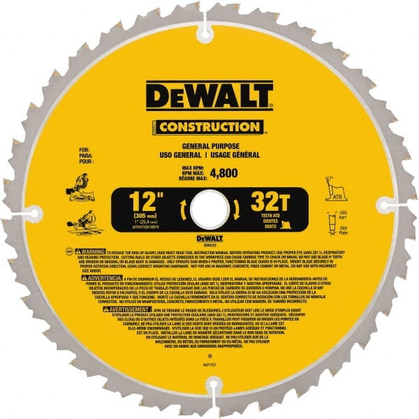 Dewalt DW3123 Wet & Dry Cut Saw Blade: 12" Dia, 1" Arbor Hole, 0.095" Kerf Width, 32 Teeth 