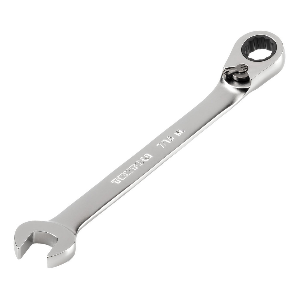 Tekton Combination Wrench: 7/16" Head Size, 15 deg Offset - Steel, Satin Chrome Finish | Part #WRC23311