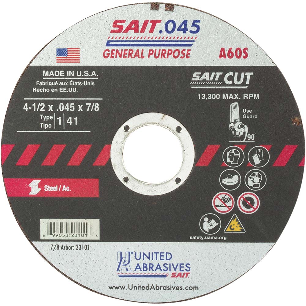 Sait Cutoff Wheel Type 01/41, 41/2" Dia, 0.045" Thick, 7/8" Hole, Aluminum Oxide MSC Direct