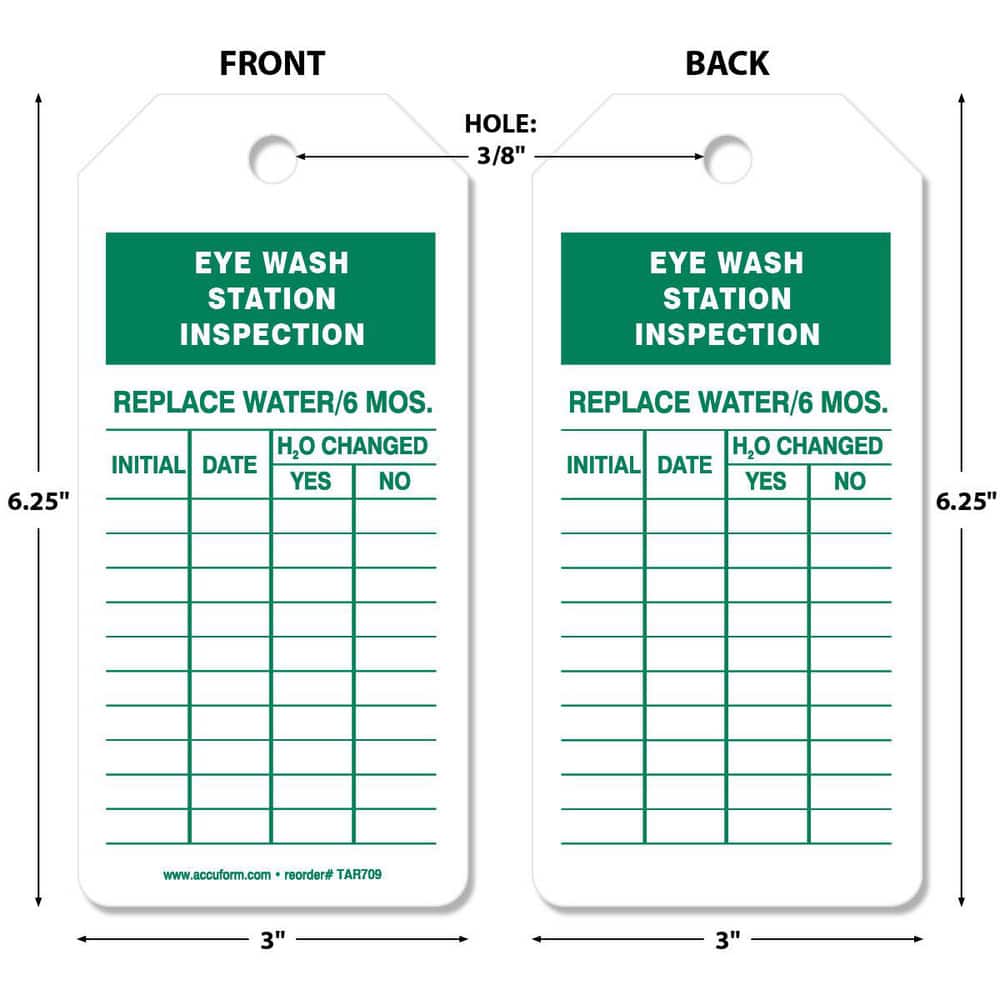 Safety & Facility Tags; Message Type: Inspection ; Header: None ; Legend: Eye Wash Station Inspection ; Material: Synthetic Paper ; Legend Color: Green ; Language: English