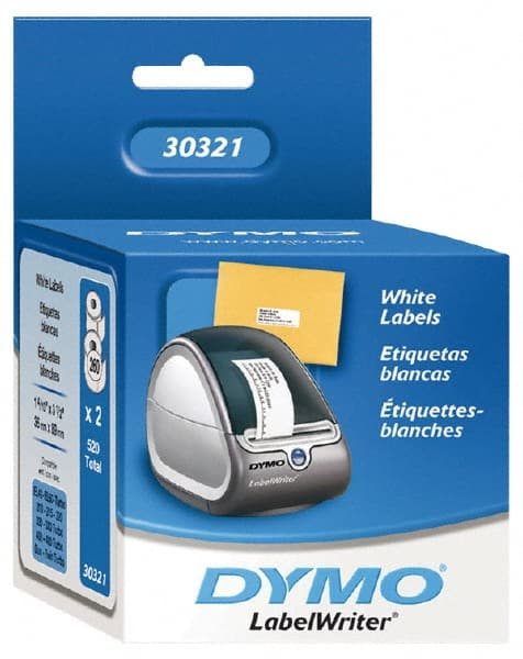 Label Maker Label: White, Die Cut Paper with Semi Perm Adhesive, 3-1/2" OAL, 1-1/2" OAW, 260 per Roll, 2 Roll