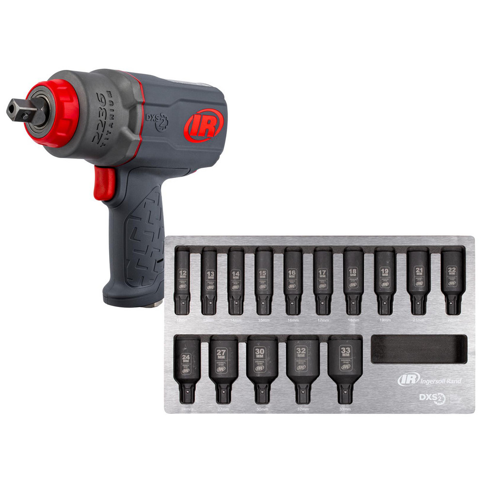 DXS® Air Impact Wrench: 1/2" Drive, Pin Anvil, 1350 BPM, 8500 RPM, Gray - 2236QPTIMAX - BONUS 15 Pc. DXS2&trade; Drive Hex Deep Metric Impact Socket Set, 6 Point - DXSK2M15L