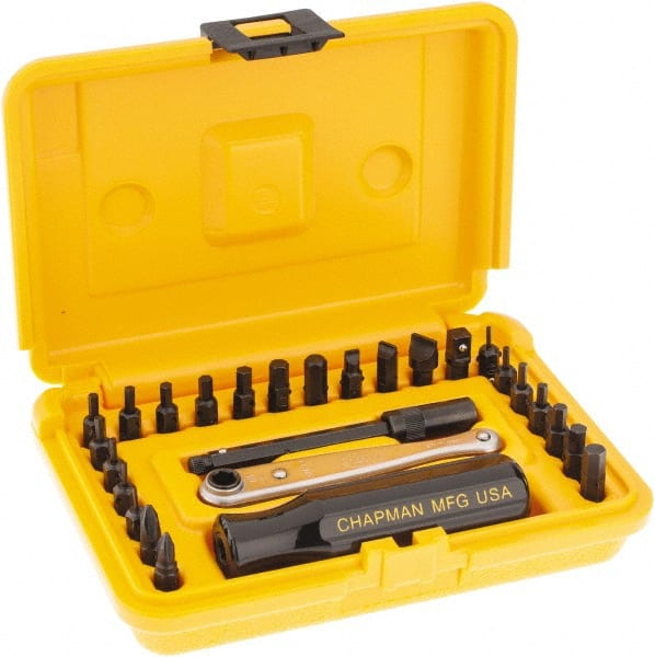 Includes Phillips Chapman MFG 5573 Deluxe 25 Piece Standard and Metric Allen Hex Mini Ratchet and Screwdriver Set Standard and Metric Hex Bits Plus Added 2 Inch Extension Slotted 