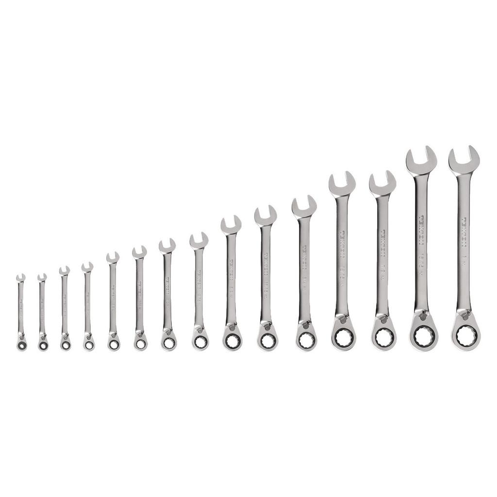Tekton Ratchet Set & Combination Wrench Set: 15 Pc, 1/4 in - 1 in Wrench, Inch - 15 deg Head Offset Angle, Satin Chrome Finish, Ratcheting