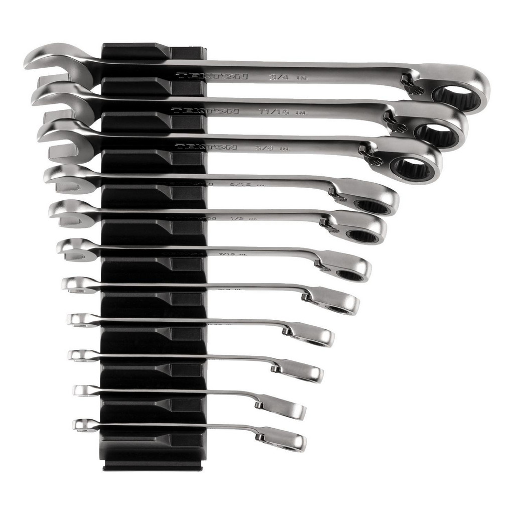 Tekton Ratchet Set & Combination Wrench Set: 11 Pc, 1/4 in - 3/4 in Wrench, Inch - 15 deg Head Offset Angle, Satin Chrome Finish, Ratcheting
