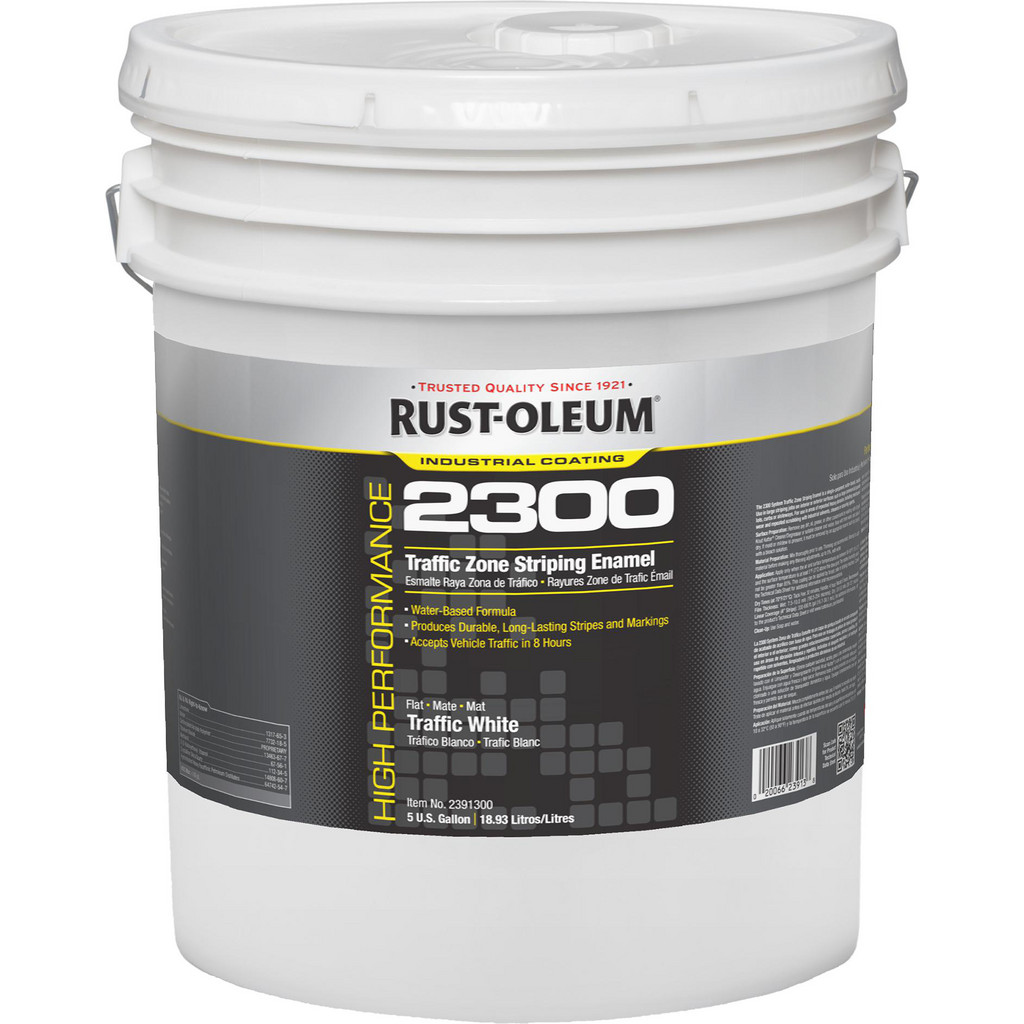 Rust-Oleum 2300 System Traffic Zone Striping Paint, Traffic White, Flat, 5 Gallon - Indoor & Outdoor, 0.73 VOC | Part #2391300