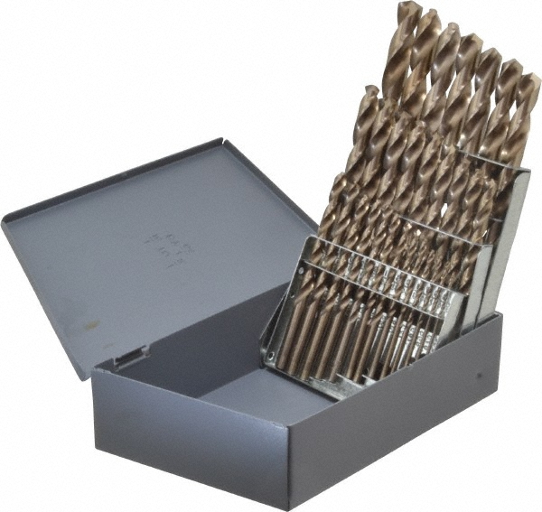 Drill Bit Set: Jobber Length Drill Bits, 29 Pc, 135 &deg;, Cobalt - Gold Finish, Split-Point, Straight Shank, Series 550